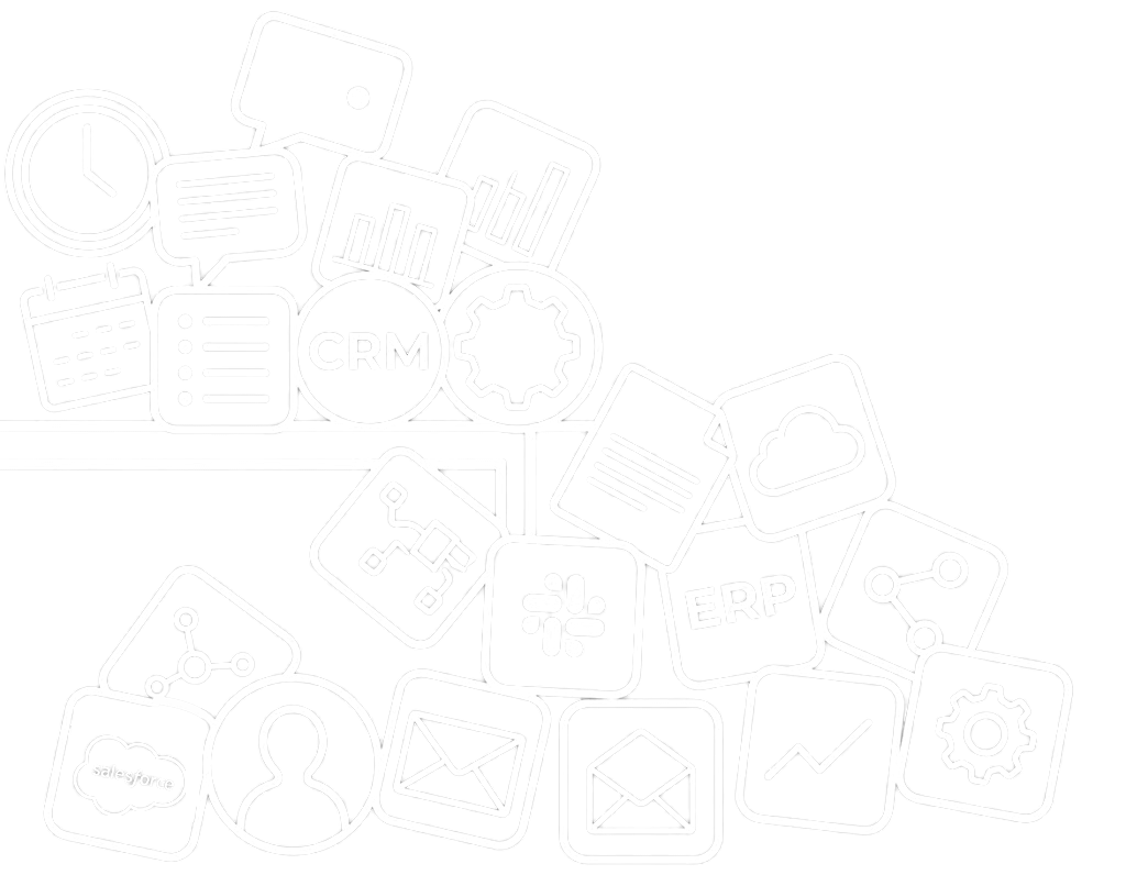 Pile of disconnected app icons: CRM, ERP, Slack, Salesforce, calendar, email and more